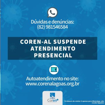 Coren-AL suspende atendimento presencial e disponibiliza Whatsapp para denuncias