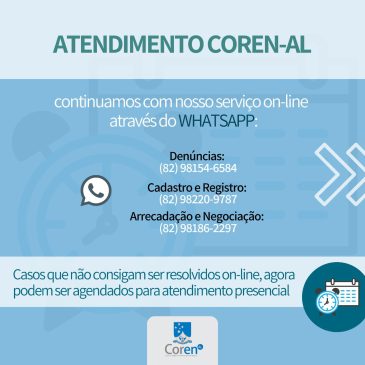 Coren-AL realiza atendimentos presenciais por agendamento a partir de 17 de agosto