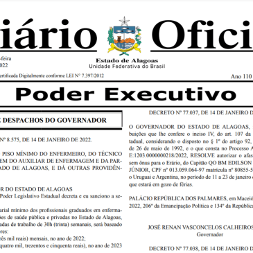 Lei do Piso Salarial da Enfermagem Alagoana é publicada no Diário Oficial