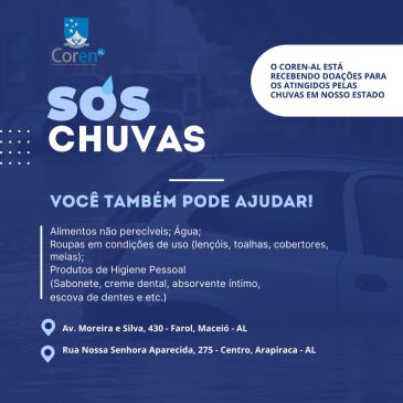 Coren-AL arrecada doações para os atingidos das chuvas no Estado