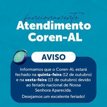 Devido feriado de Nossa Senhora Aparecida, Coren-AL não funcionará quinta e sexta (dias 12 e 13)