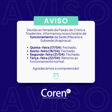 Coren comunica para o horário de funcionamento durante feriado