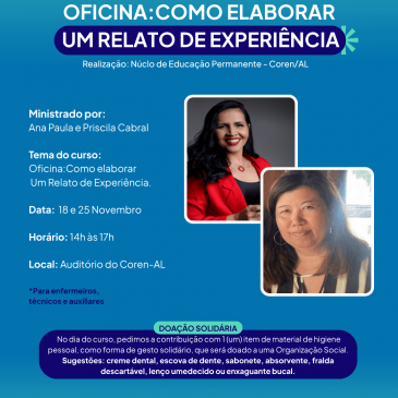 Inscrições abertas para Oficina sobre Como elaborar Um Relato de Experiência